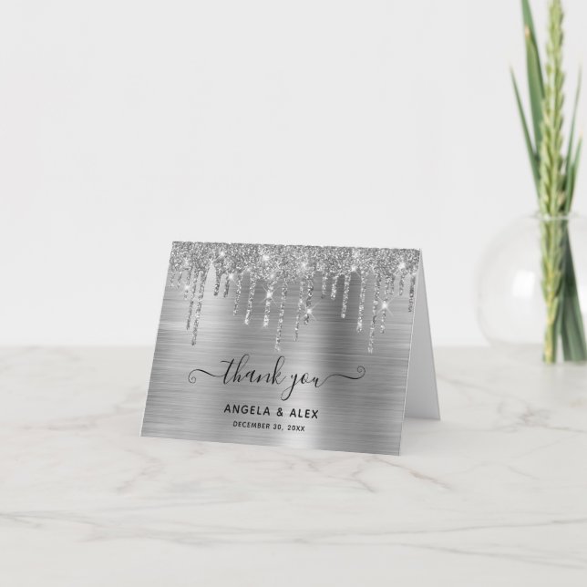 Faux Silver Glitter Drips Foil Wedding Letterpress Thank You Card (Front)