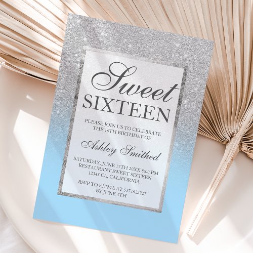 Faux silver glitter elegant ice blue Sweet 16 Invitation