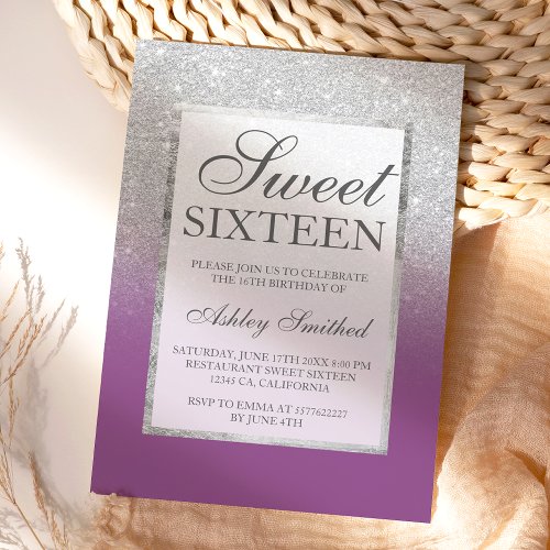 Faux silver glitter elegant purple Sweet 16 Invitation