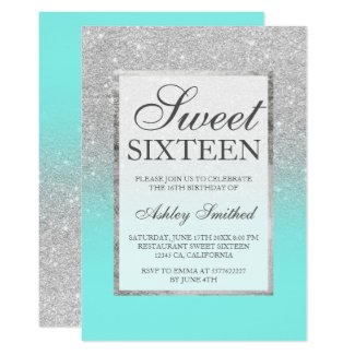 Faux silver glitter elegant teal Sweet 16 Invitation