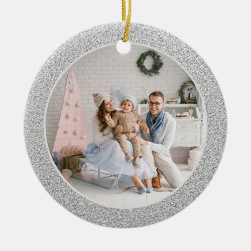 Faux Silver Glitter Family Photo Christmas Ceramic Ornament
