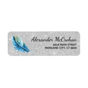Faux Silver Glitter Foil Feather Return Address Label