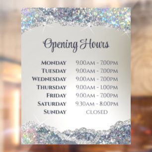 Faux Silver Glitter Foil Opening Hours Window Cling