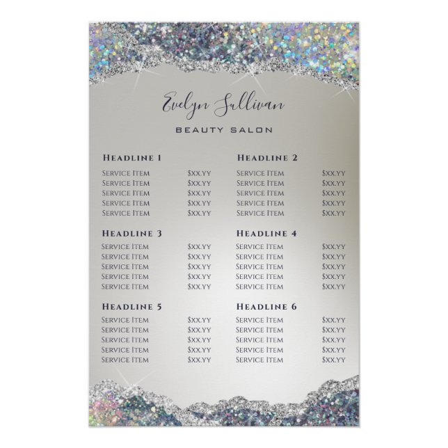 Faux Silver Glitter Foil Price List Poster (Front)