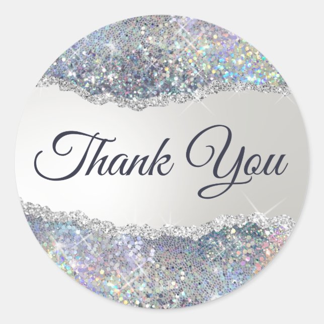 Faux silver glitter foil thank you classic round sticker (Front)