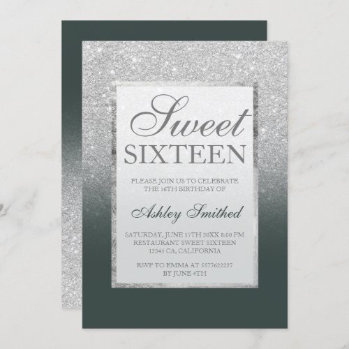 Faux silver glitter green elegant chic Sweet 16 Invitation
