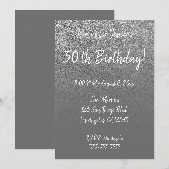 Faux Silver Glitter Grey Ombre 50th Birthday Invitation (Front/Back)
