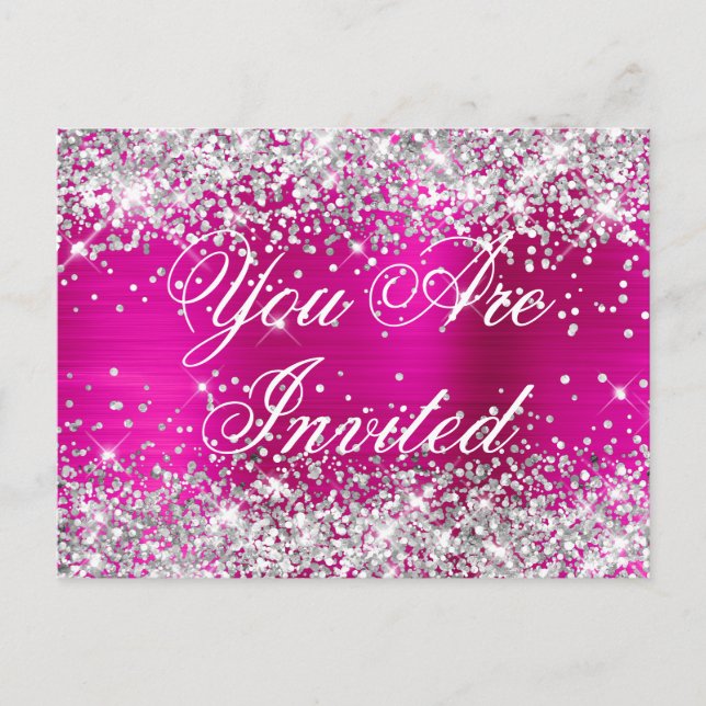 Faux Silver Glitter Hot Pink Sweet Sixteen Postcard (Front)