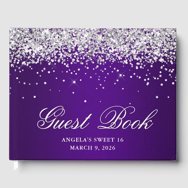 Faux Silver Glitter Indigo Purple Ombre Sweet 16 Guest Book (Front)