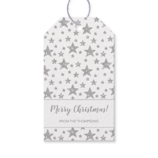 Faux Silver Glitter Look Stars Merry Christmas Gift Tags