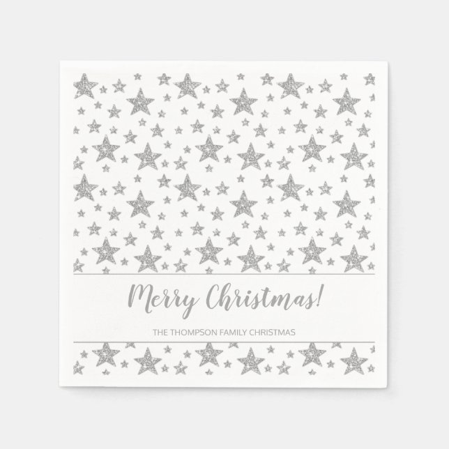 Faux Silver Glitter Look Stars Pattern Christmas Napkins (Front)