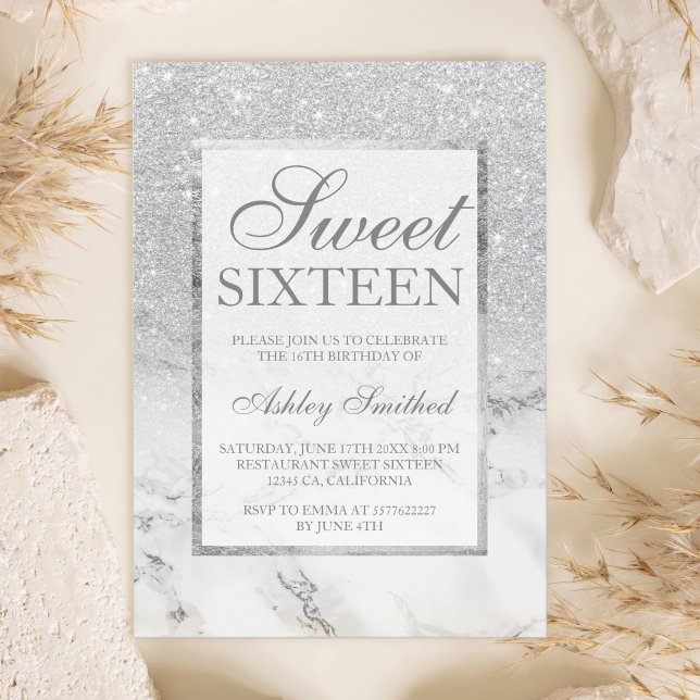 Faux silver glitter marble elegant chic Sweet 16 Invitation