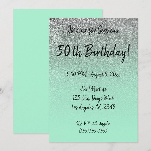 Faux Silver Glitter Mint Green Ombre 50th Birthday Invitation (Front/Back)