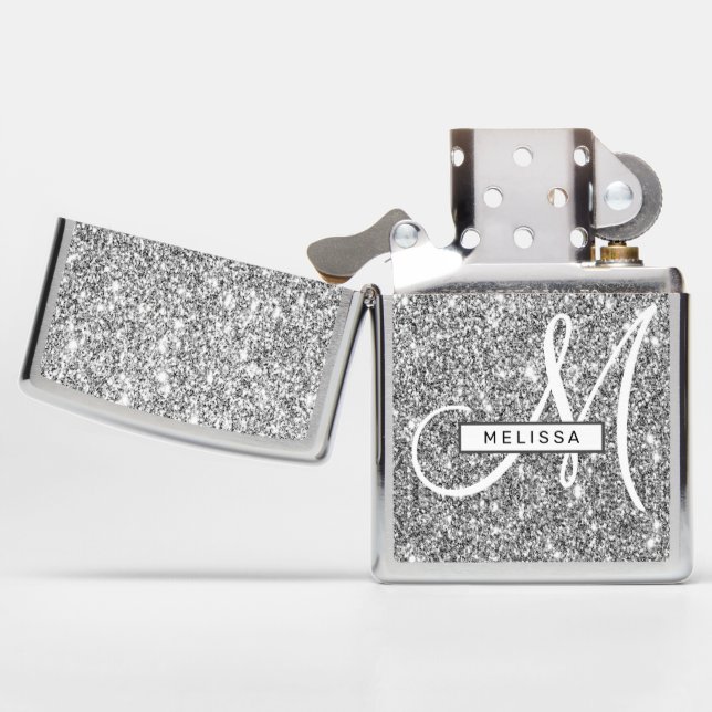 Faux Silver Glitter Monogrammed Zippo Lighter (Opened)