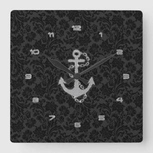 Faux Silver Glitter Nautical Anchor Square Wall Clock