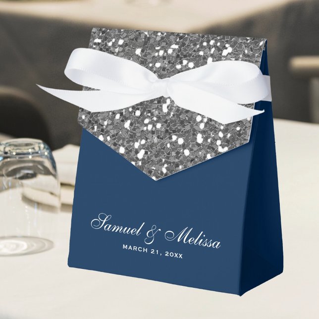 Faux Silver Glitter Navy Blue Wedding Favor Boxes (Creator Uploaded)
