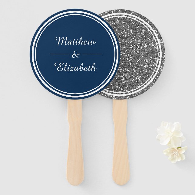 Faux Silver Glitter Navy Blue Wedding Hand Fan (Front and Back)