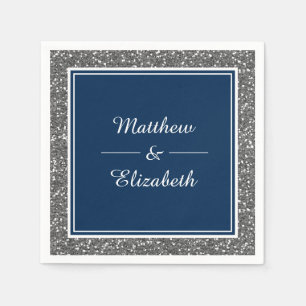 Faux Silver Glitter Navy Blue Wedding Paper Napkins