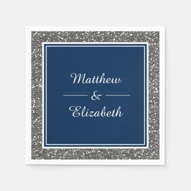 Faux Silver Glitter Navy Blue Wedding Paper Napkins (Front)