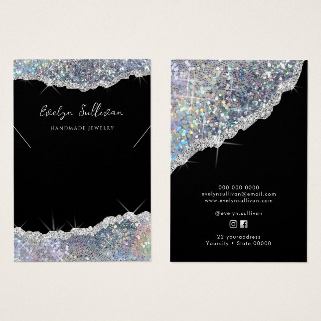 Faux silver glitter necklace display card (Front & Back)