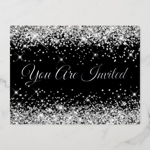 Faux Silver Glitter on Black 40th Birthday  Foil Invitation Postcard