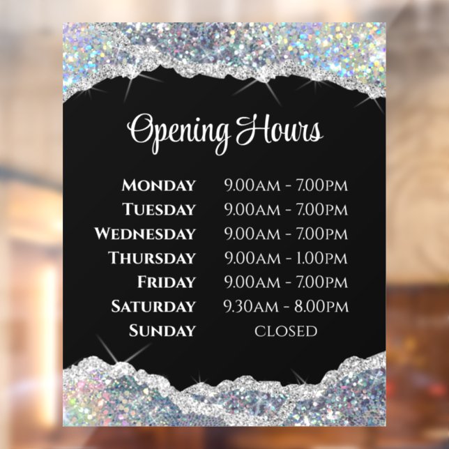 Faux Silver Glitter Opening Hours Window Cling (Sheet 2)