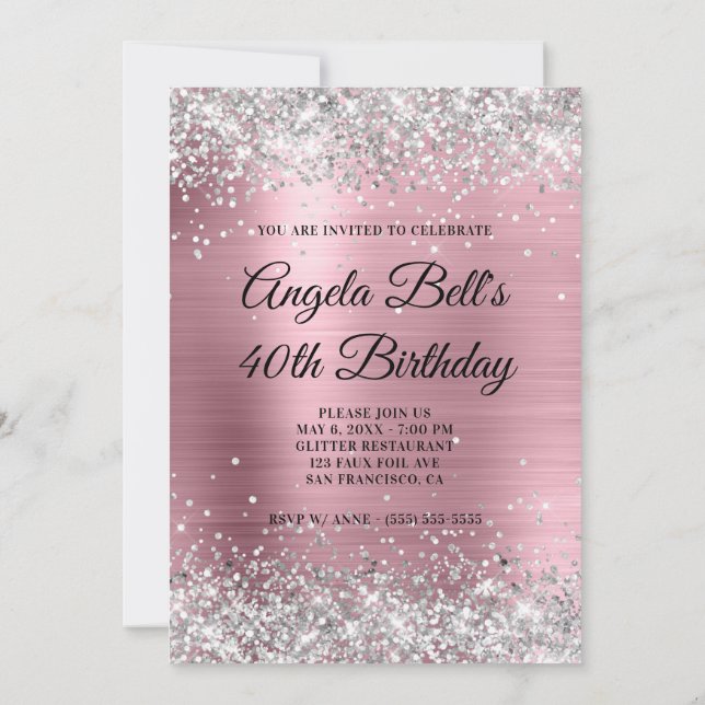 Faux Silver Glitter Pale Pink Foil Fancy Monogram Invitation (Back)