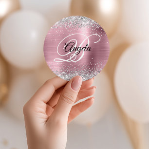 Faux Silver Glitter Pale Pink Foil Monogram Classic Round Sticker