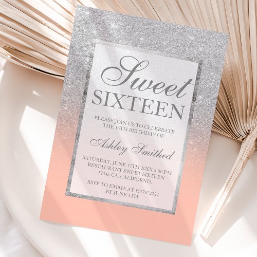 Faux silver glitter peach salmon chic Sweet 16 Invitation