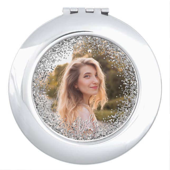 Faux Silver Glitter Photo Compact Mirror (Front)