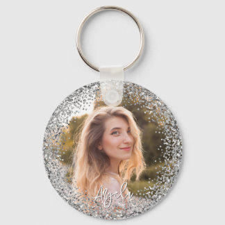 Faux Silver Glitter Photo Keychain