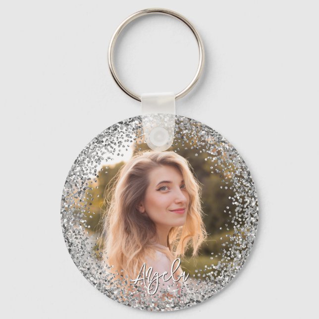 Faux Silver Glitter Photo Keychain (Front)
