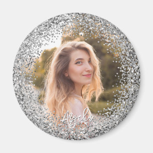 Faux Silver Glitter Photo Magnet