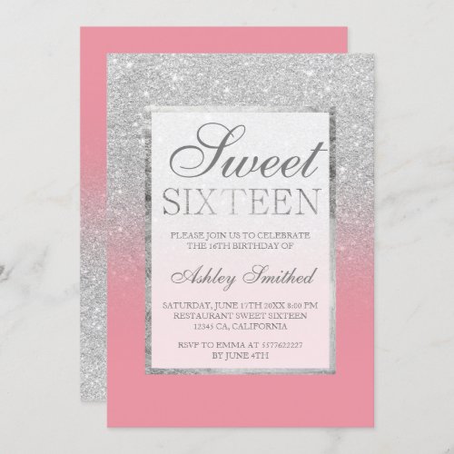 Faux silver glitter pink elegant cherry Sweet 16 2 Invitation