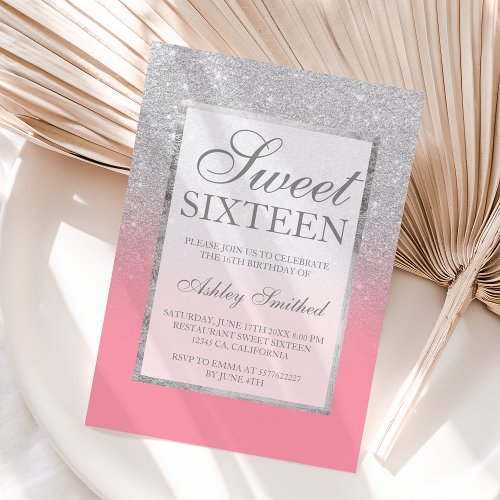 Faux silver glitter pink elegant cherry Sweet 16 Invitation