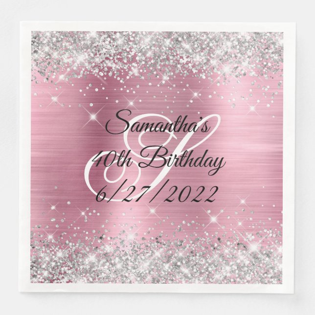 Faux Silver Glitter Pink Foil 40th Birthday Paper Dinner Napkins (Front)