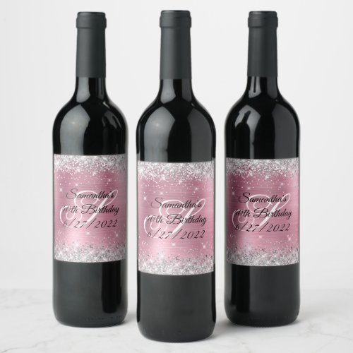 Faux Silver Glitter Pink Foil 40th Birthday Wine Label