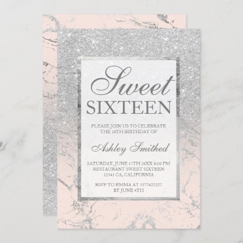 Faux silver glitter pink marble elegant Sweet 16 Invitation