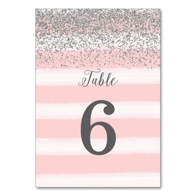 Faux Silver Glitter Pink Wedding Table Number Card
