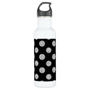Faux Silver Glitter Polka Dots Pattern on Black Stainless Steel Water Bottle