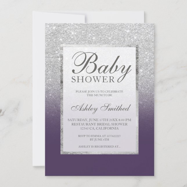 Faux silver glitter purple elegant Baby shower Invitation (Front)