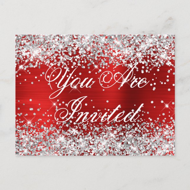 Faux Silver Glitter Red Foil Sweet Sixteen Postcard (Front)