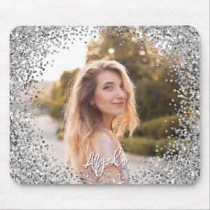 Faux Silver Glitter Round Border Photo Mouse Pad