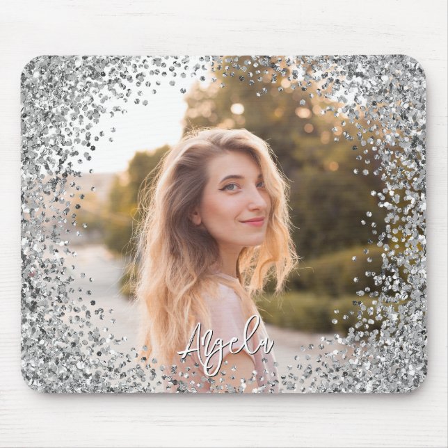 Faux Silver Glitter Round Border Photo Mouse Pad (Front)