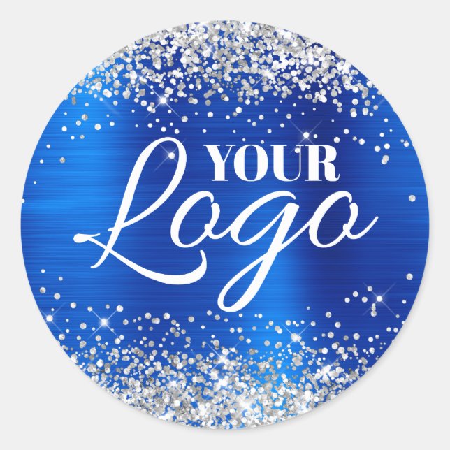Faux Silver Glitter Royal Blue Foil Logo Classic Round Sticker (Front)