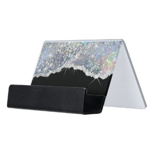 Faux silver glitter sequin desk business card holder