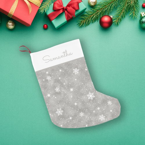 Faux Silver Glitter Snowflakes Stars Pattern Small Christmas Stocking