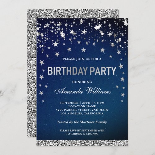 Faux Silver Glitter Stars Confetti Birthday Party Invitation