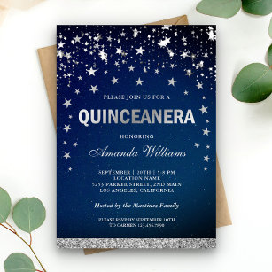 Faux Silver Glitter Stars Confetti Quinceanera Invitation