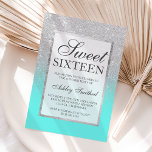 Faux silver glitter teal chic Sweet 16 Invitation<br><div class="desc">A modern,  pretty chic and elegant faux silver glitter shower ombre with teal ocean color block Sweet 16 birthday party invitation with silver ombre pattern fading onto a teal background with and elegant silver frame Perfect for a princess Sweet sixteen.</div>